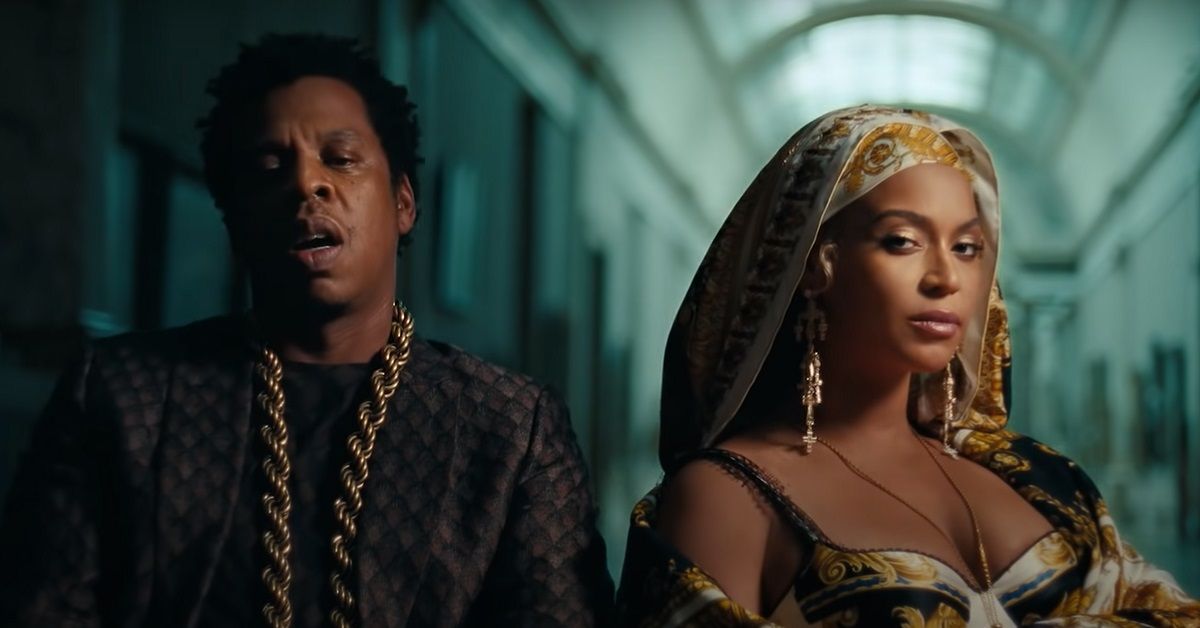 jay-z and-beyonce stare at the camera in the Ape Sh*t' Music Video