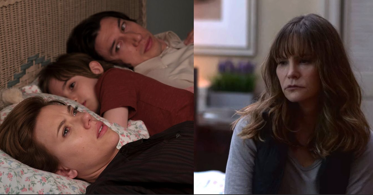 Adam Driver and Scarlett Johansson in Marriage Story (left) and Jennifer Jason Leigh in Atypical