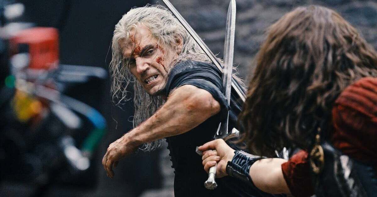 Henry Cavill performing a sword fight scene in 'The Witcher'