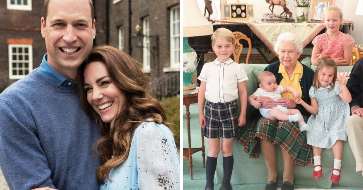Kate Middleton poses with husband Prince William and their children are seen with grandmother the Queen