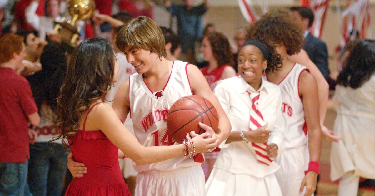 Vanessa Hudgens, Zac Efron, Monique Coleman, and Corbin Bleu in costume during final scene of High School Musical