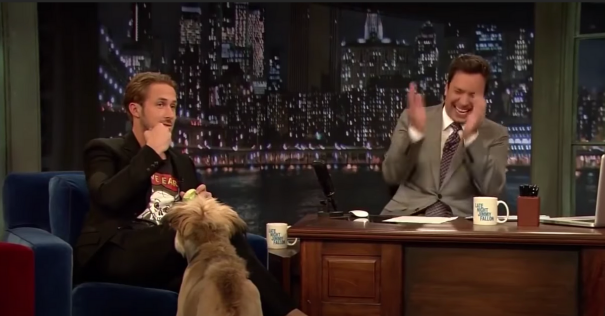 Jimmy Fallon fake laughing during an interview with Ryan Gosling on The Tonight Show