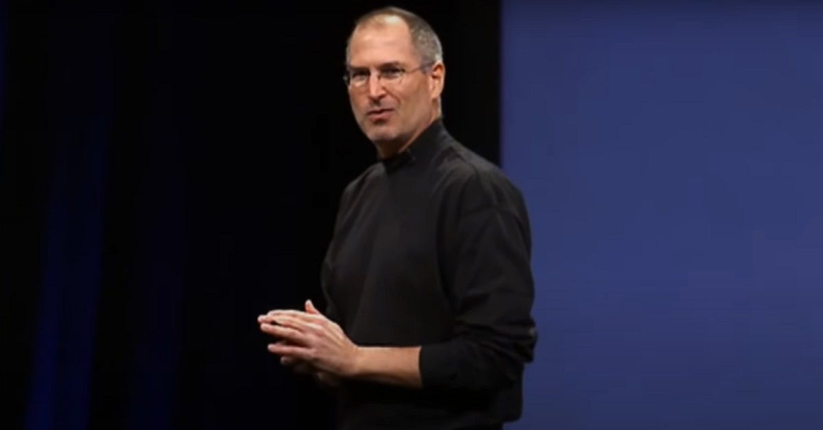 Steve Jobs delivers a speech in his iconic black turtleneck