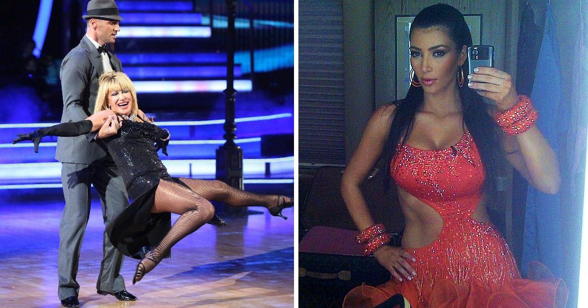 Suzanne Somers in black dress dancing with partner on Dancing with the Stars split image with Kim Kardashian in red dress posing backstage of Dancing with the Stars