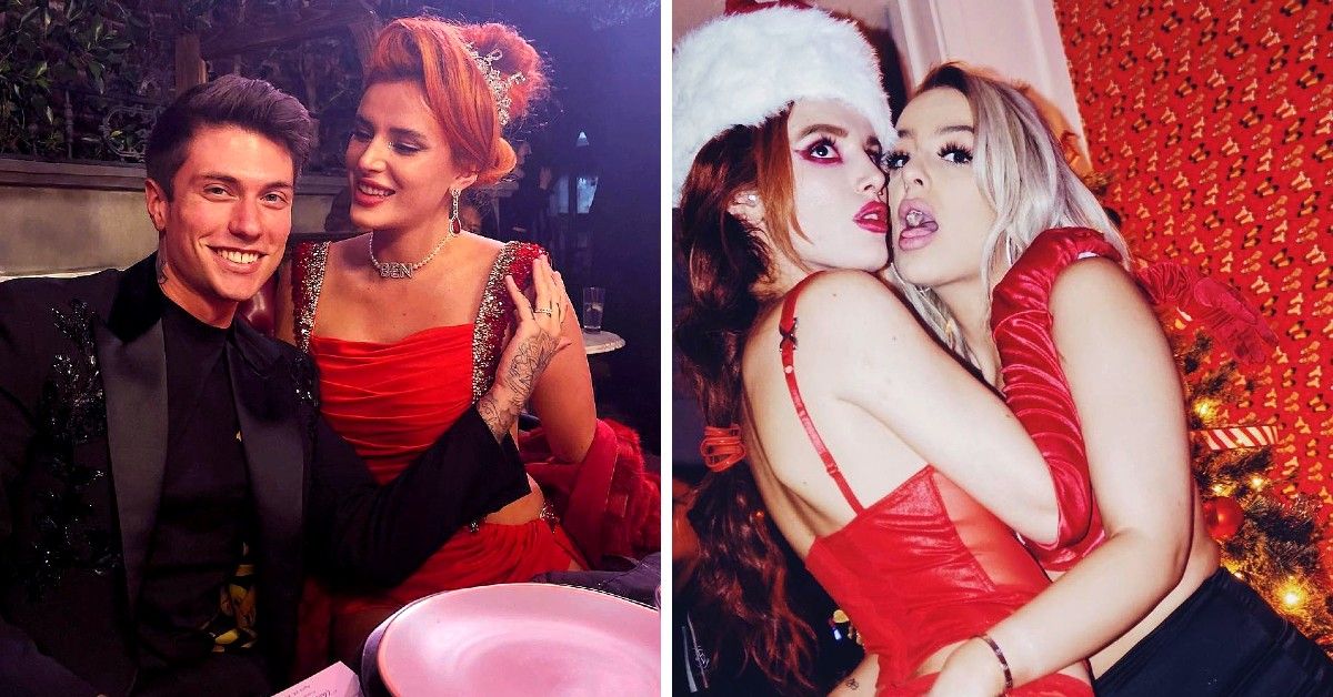 Bella Thorne in red dress next to Benjamin Mascolo and in santa outfit next to Tana Mongeau