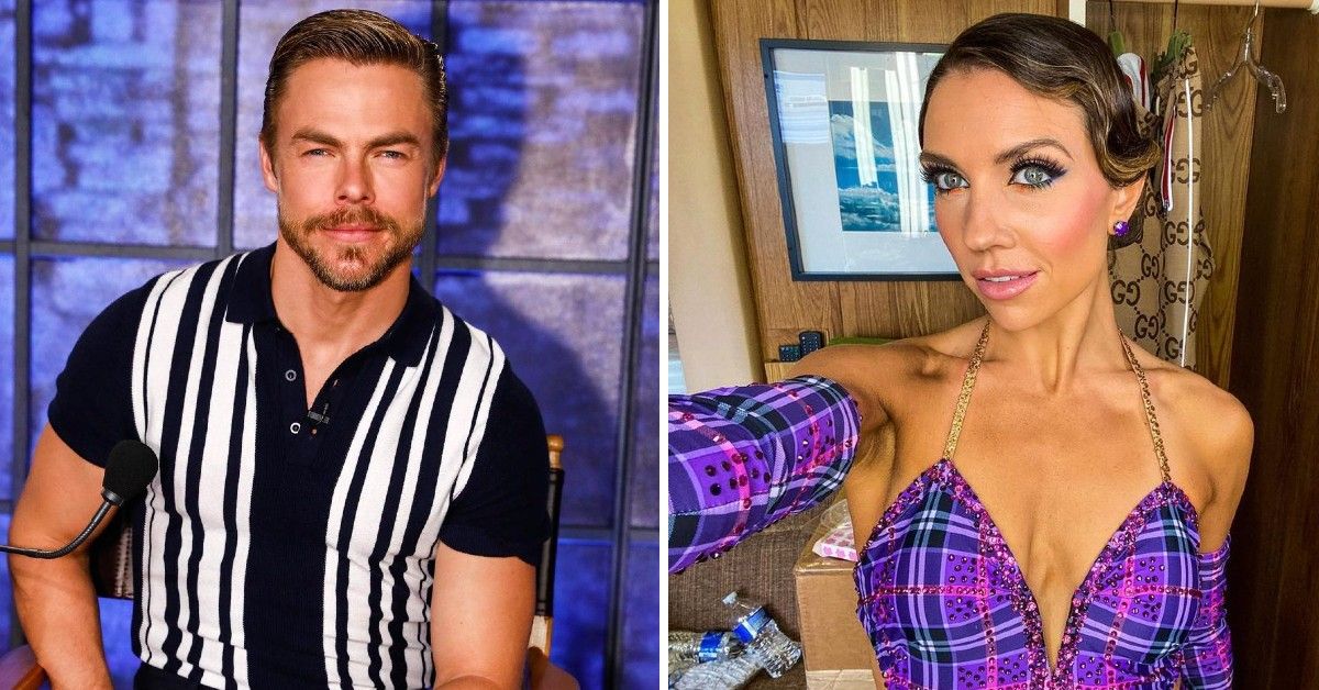 Derek Hough in black and white top in split image with Jenna Johnson in purple plaid dance outfit