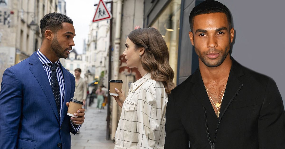  Lucien Laviscount in a blue suit and Lily Collins in a white vest in 'Emily In Paris' (left), Lucien Laviscount in a black suit (right)