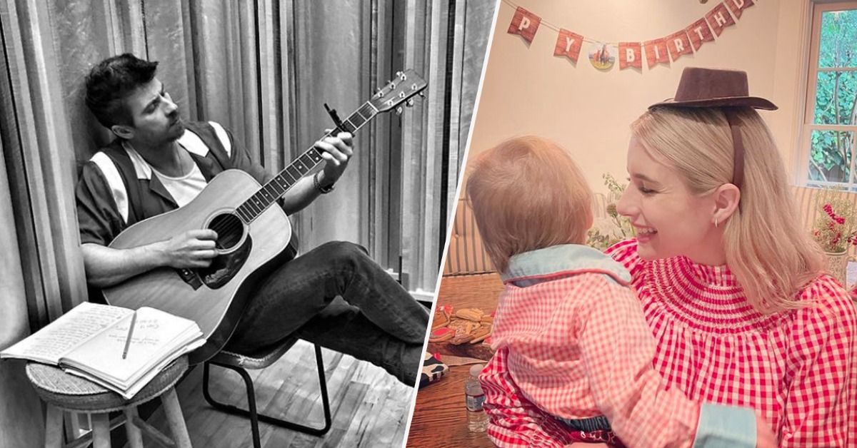 Garrett Hedlund playing the guitar and Emma Roberts holding her son Rodeo