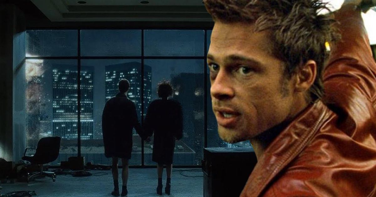 A screenshot of Fight Club, showing the characters looking at the skyline, along with a close-up of Brad Pitt in his signature leather jacket