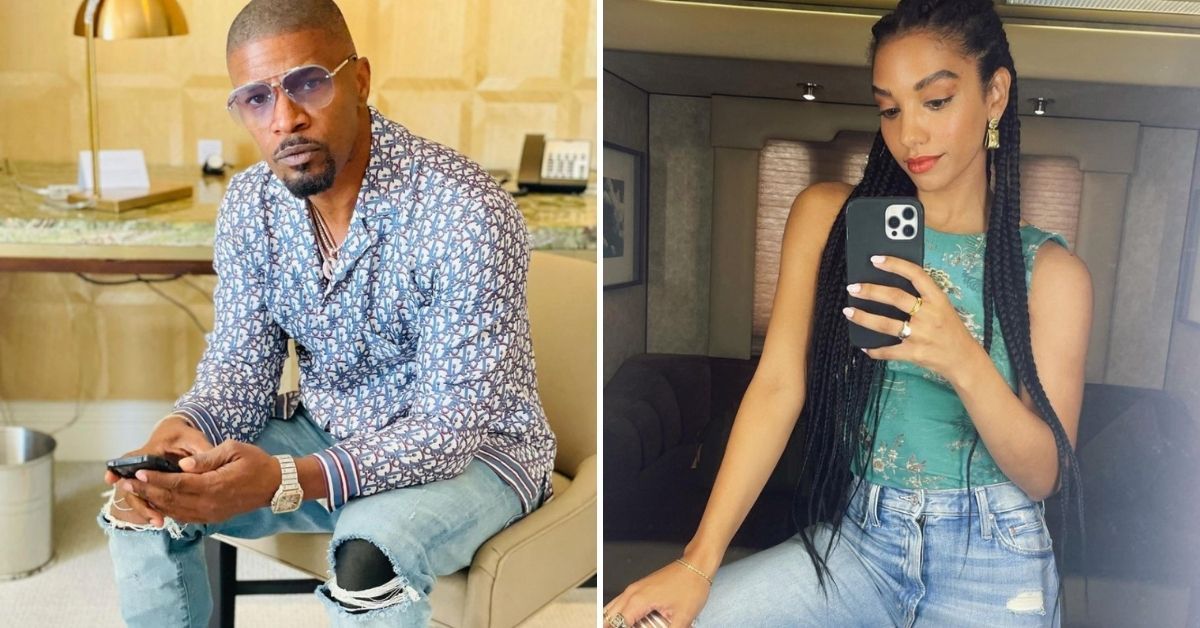 Split image of Jamie Foxx sitting down and Corinne Fox posing for a photo