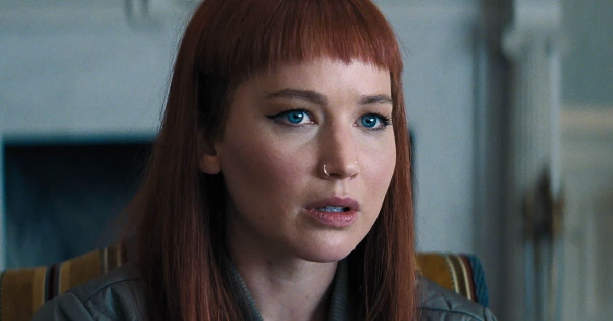 Jennifer Lawrence with red hair, bangs, and a nose ring in Don't Look Up