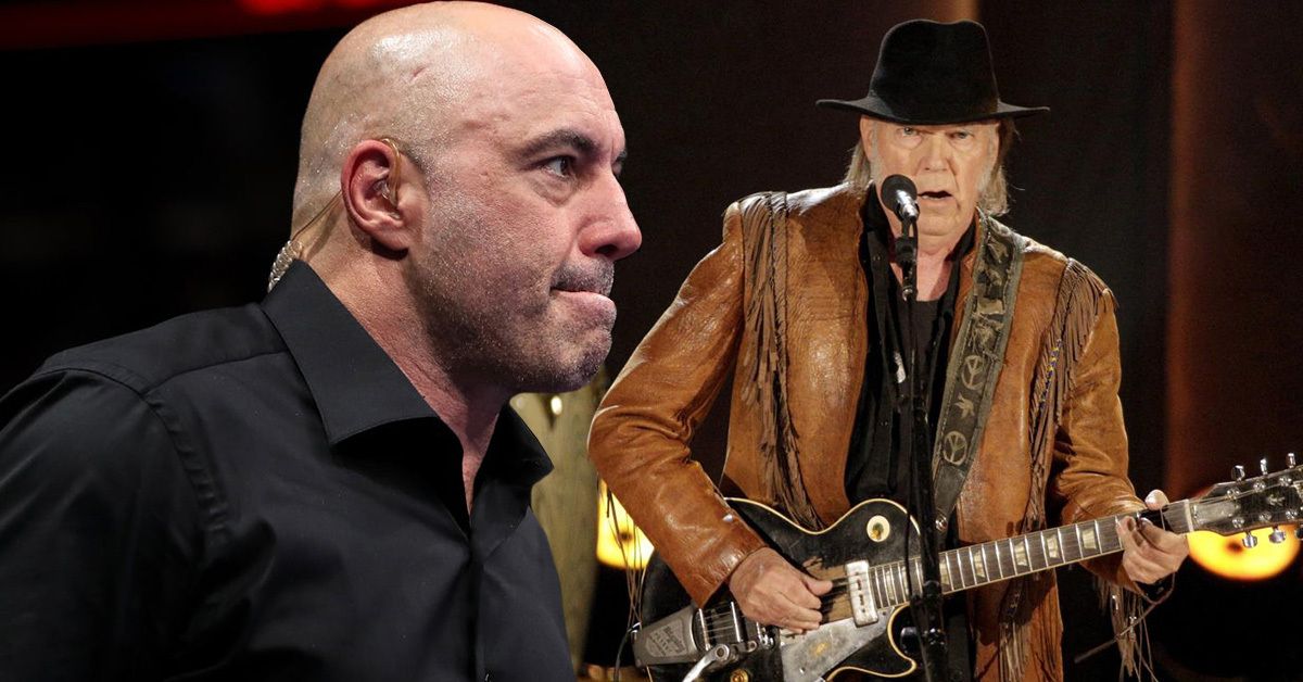 Joe Rogan smacking his lips together while wearing an ear piece and a black shirt (left), Neil Young performing live on stage, singing and playing guitar while wearing a black hat and a brown leather jacket (right)