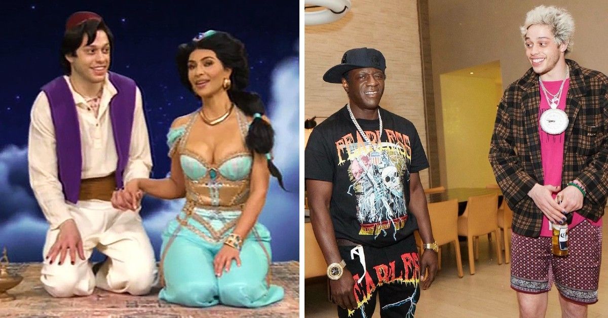Kim Kardashian and Pete Davidson in SNL act as Aladdin and Jasmin in split image with Pete Davidson standing next to Flavor Flav