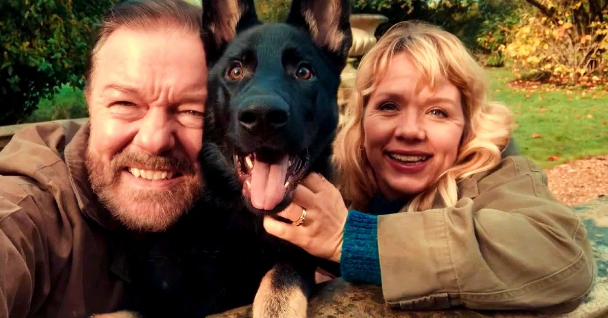 Ricky Gervais and Kerry Godliman pose with black dog for scene from After Life