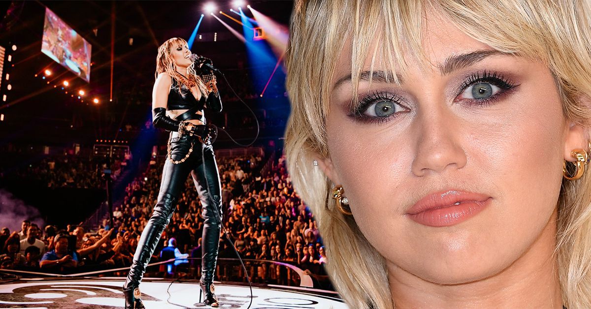 Miley Cyrus on stage in a concert in a black outfit, along with a closeup of her blonde look