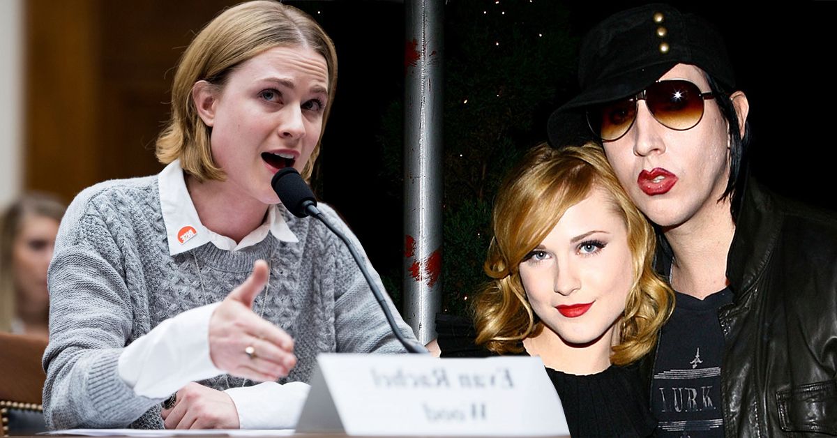 Evan Rachel Wood speaking on a mic while sitting at a podium (left), Marilyn Manson and Evan Rachel Wood taking a photo together wearing all black (right)
