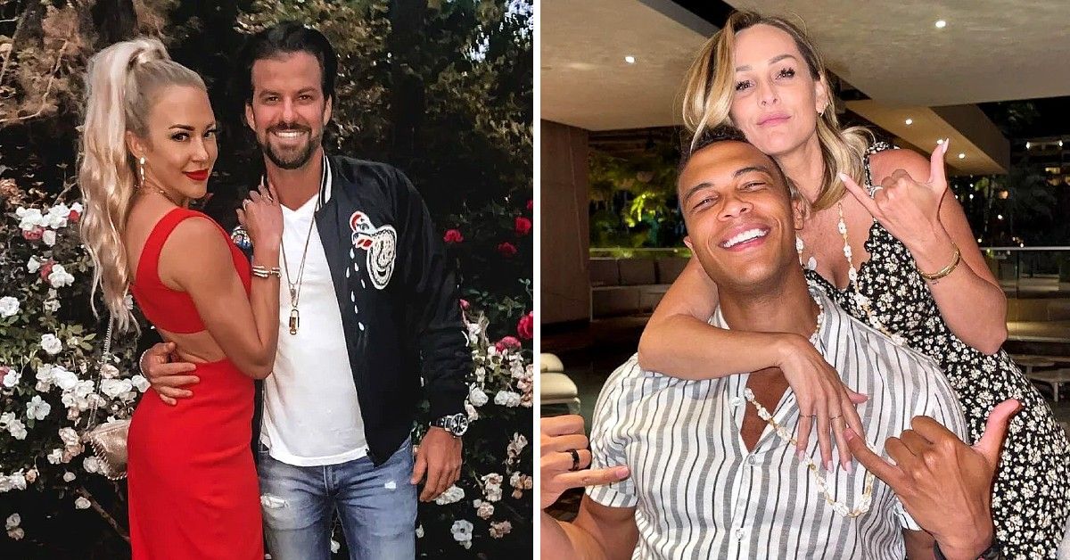 Morgan Willett stands with Johnny Bananas outside in split image with Clare Crawley posing behind Dale Moss