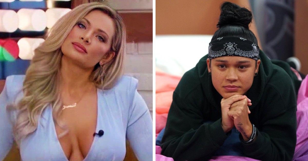 Janelle Pierzina in the hot seat for Big Brother in split image with Kaycee Clark in black sweatshirt