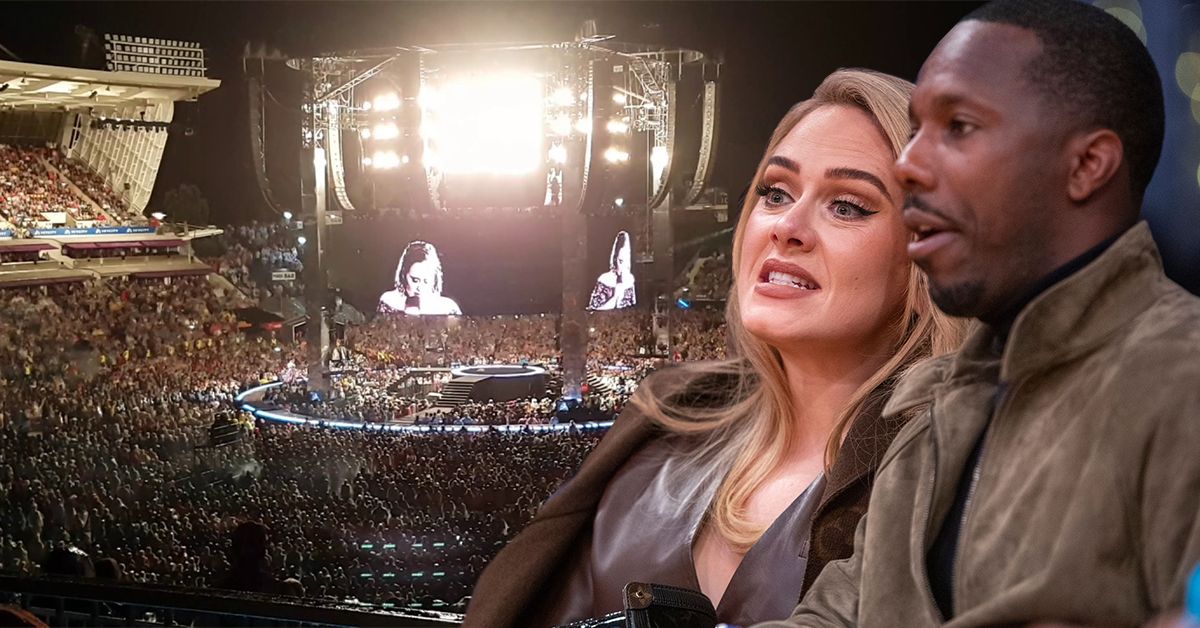 An image of a live Adele concert, along with a candid close-up of Adele in brown alongside boyfriend Rich Paul. 