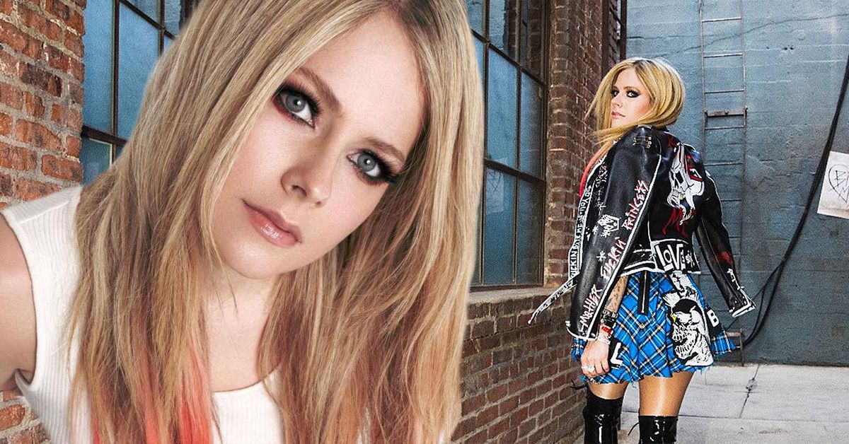 Avril Lavigne wearing a white tank top while getting closer to the camera (left), Avril Lavigne walking in a street looking behind her back in a blue skirt and leather jacket (right)