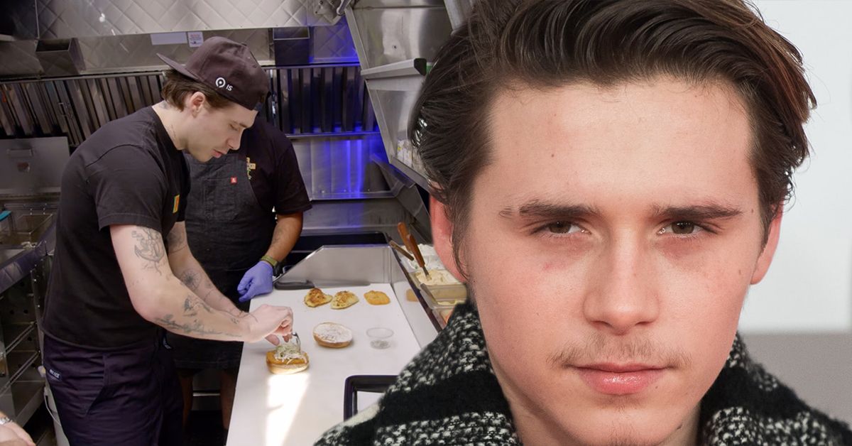 Brooklyn Beckham making a sandwich on his cooking show (back), Brooklyn Beckhamsquinting his eyes at the camera (front)