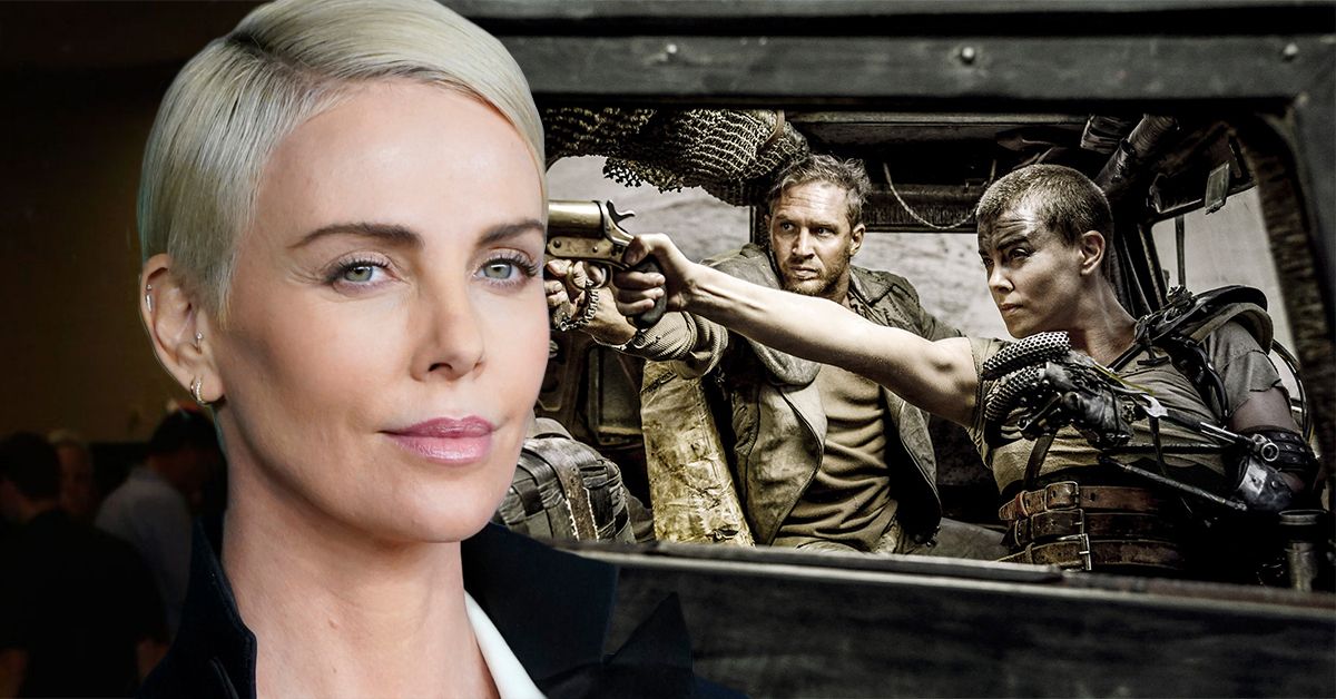 Charlize Theron Felt smirking in front of a Mad Max shot of her holding firearms next to Tom Hardy