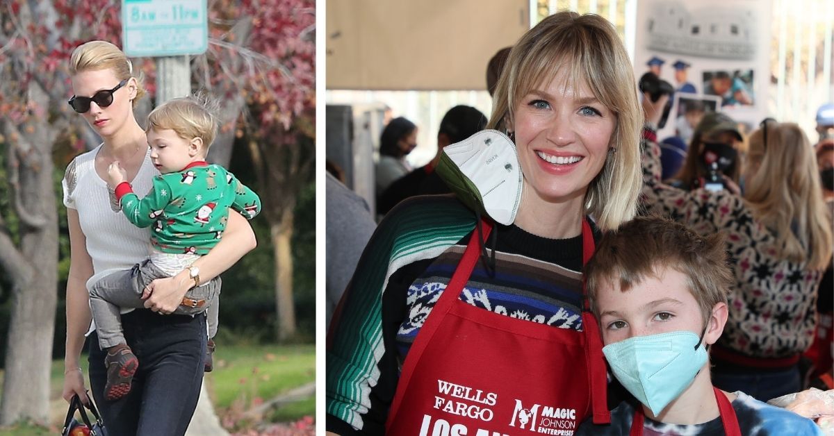 Mad Men actress January Jones holding her young son in a paparazzi shot, and posing with him at a charity event