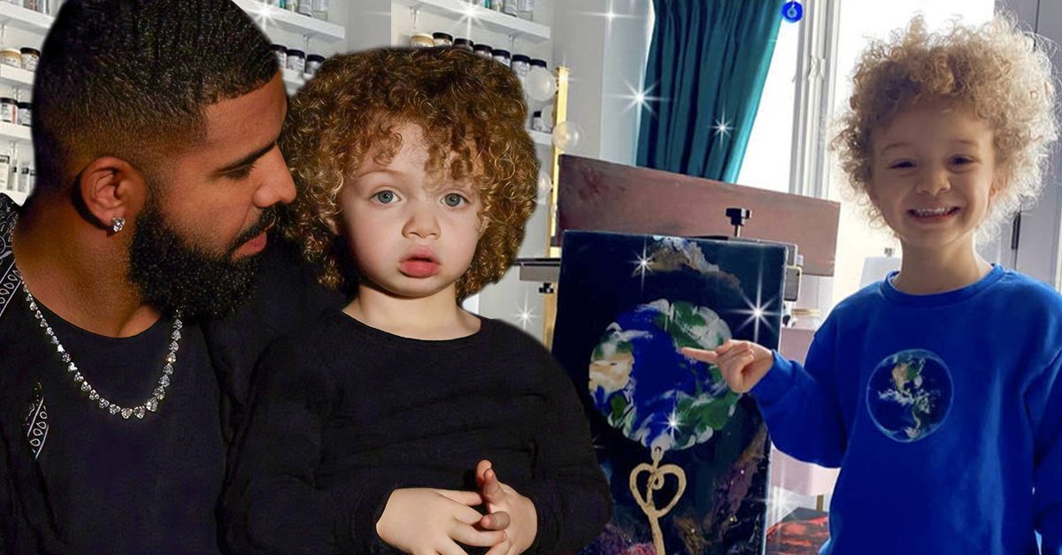 Drake holding his son Adonis, both are wearing dark tshirts, Drake is also wearing diamond earrings and a necklace (left), Drake's son Adonis pointing at one of his pieces of art  while smiling at the camera (right)