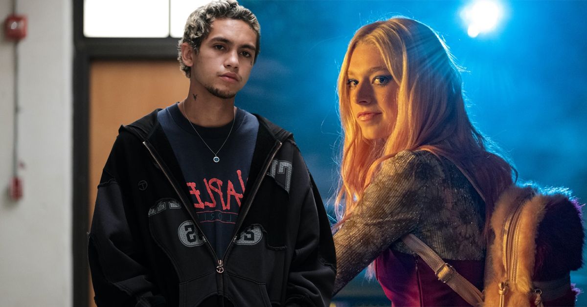 Euphoria’s Dominic Fike  wearing a navy tshirt and a black hoodie (left), Hunter Schafer wearing a purple and gray outfit under a projector (right)