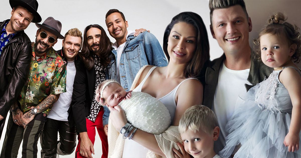 Nick Carter with his wife and kids (foreground) and with his boy band the Backstreet Boys (background)