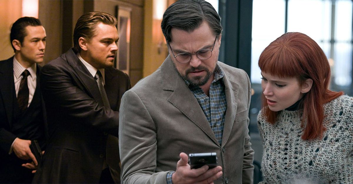 Leonardo DiCaprio and Joseph Gordon Levitt in Inception, and Leonardo DiCaprio and Jennifer Lawrence in Don't Look Up