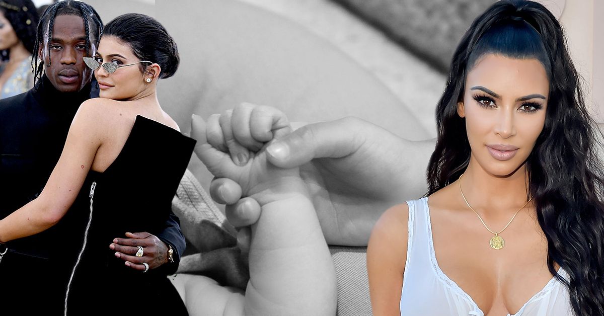 Travis Scott holding Kylie Jenner and both are wearing black (left), Instagram photo of Kylie Jenner's hand holding her new baby in black and white (center), Kim Kardashian wearing a white dress and golden necklace (right)