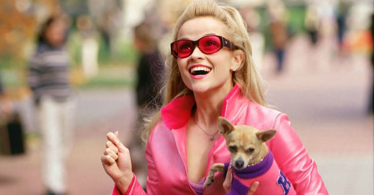 Reese Witherspoon wearing pink and with dog, playing Elle Woods in Legally Blonde