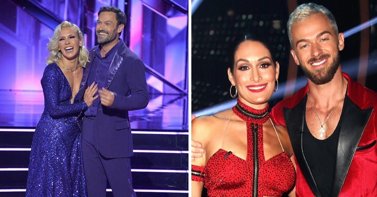 Sharna Burgess and Brian Austin Green on Dancing with the Stars stage in split image with Artem Chigvintsev and Nikki Bella