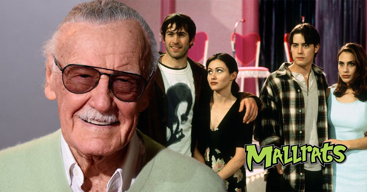 A close-up of Stan Lee alongside the cast of '90s film Mallrats, which Lee made a cameo in