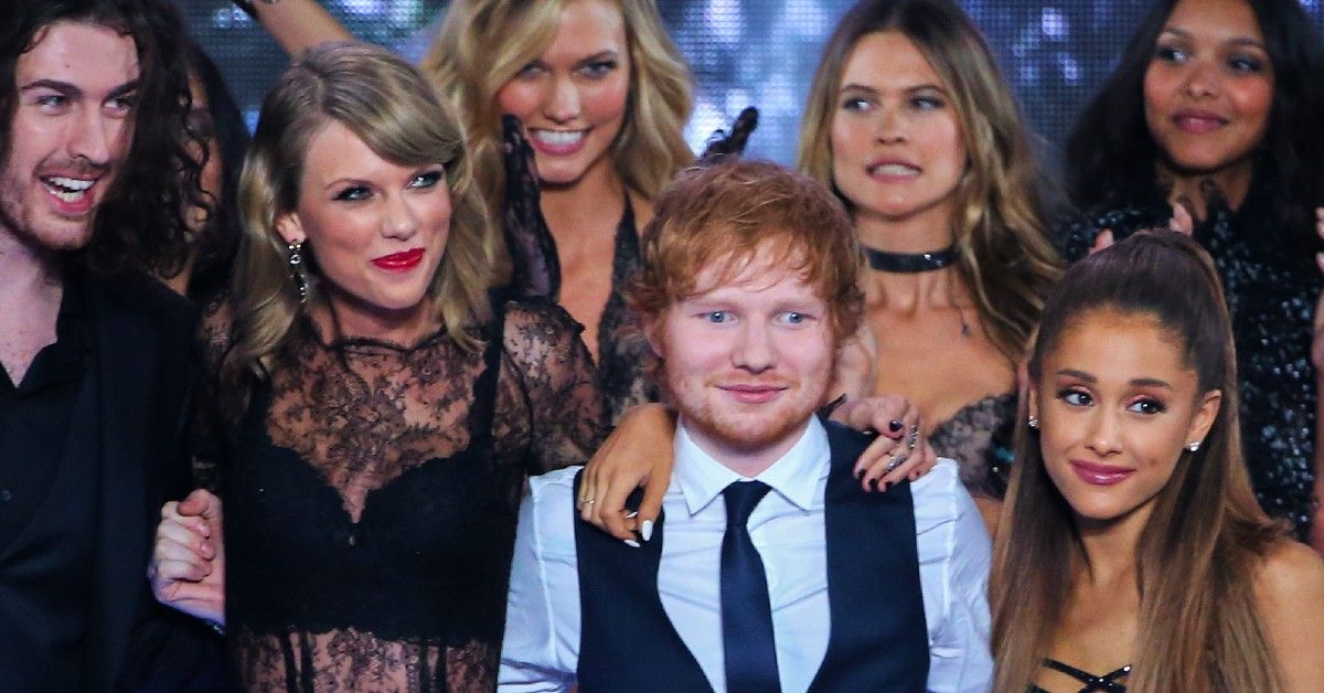 Hozier, Taylor Swift, Ed Sheeran and Ariana Grande on stage with models