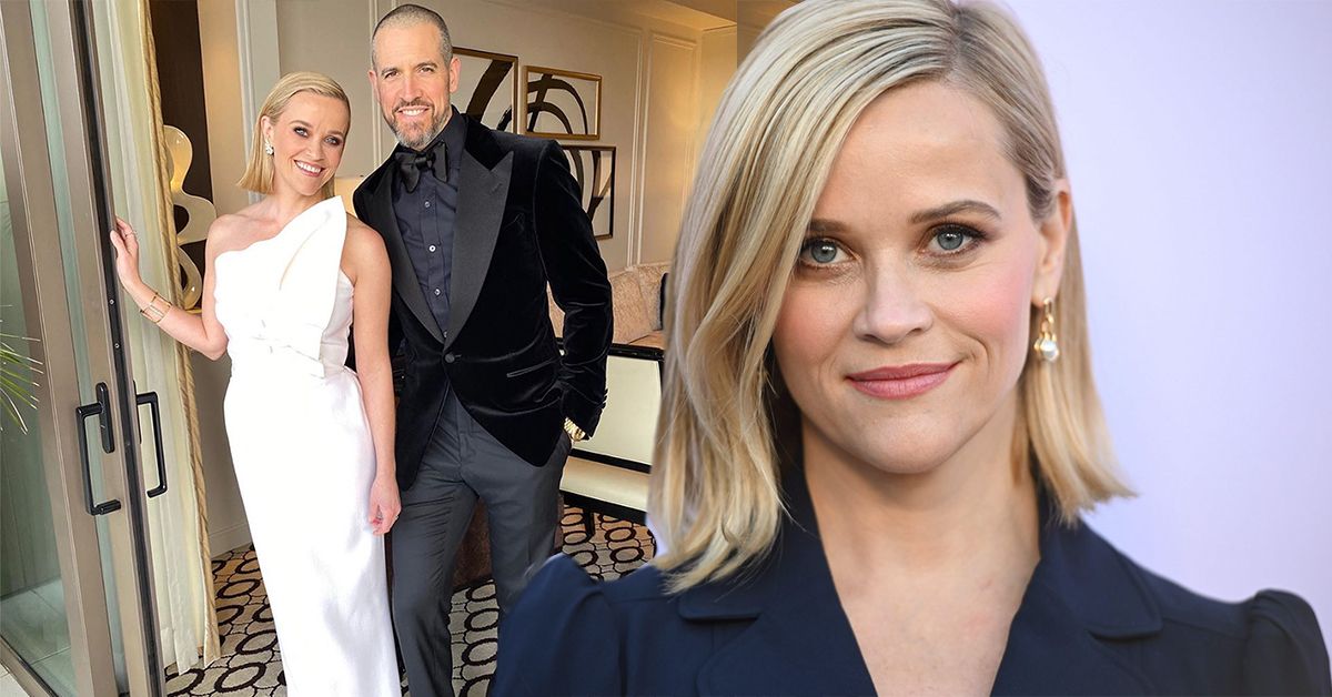 An Instagram photo of Reese Witherspoon in a white dress alongside husband Jim Toth. Also in the photo, a close-up of Reese Witherspoon with a purple background