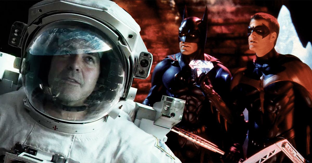 George Clooney wearing a space suit in Gravity, and standing with Chris O'Donnell in Batman & Robin