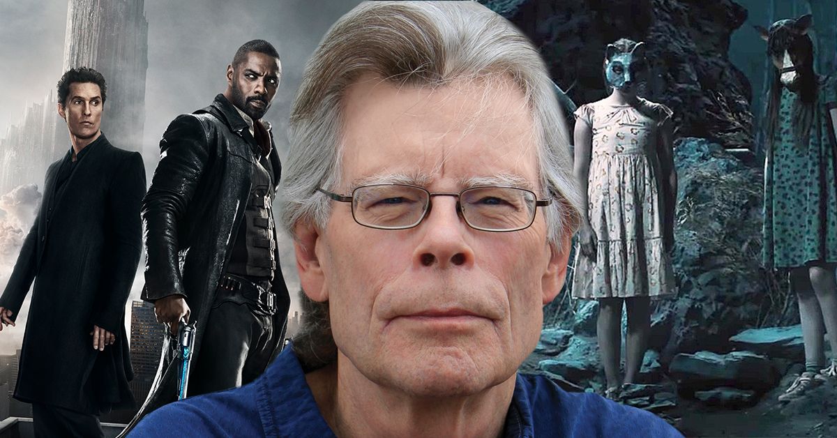A picture of legendary horror author Stephen King in front of stills from two movies based on his books: The Dark Tower and Pet Sematary.