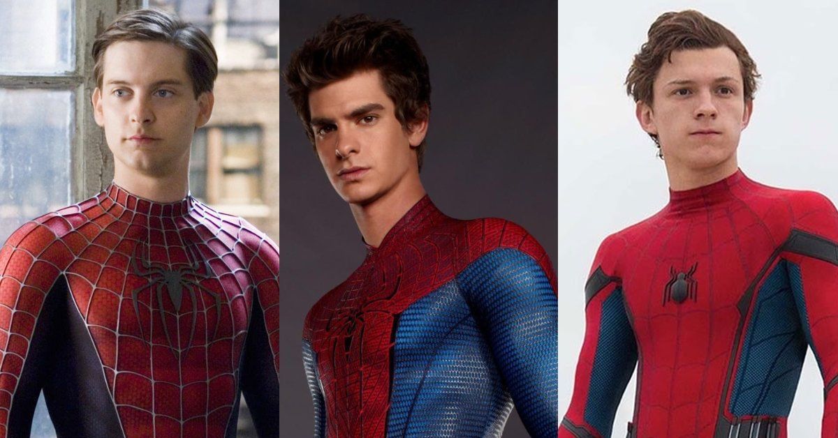 Tobey Maguire, Andrew Garfield, and Tom Holland in promo pictures for the Spider-Man films