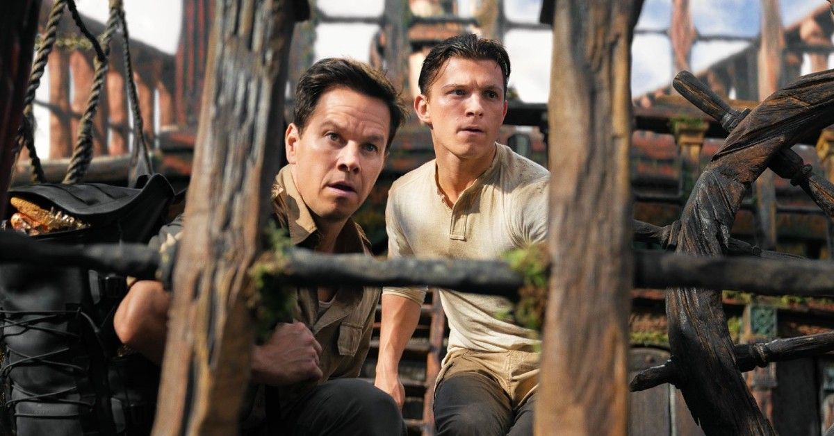 Tom Holland and Mark Wahlberg in scene from Uncharted
