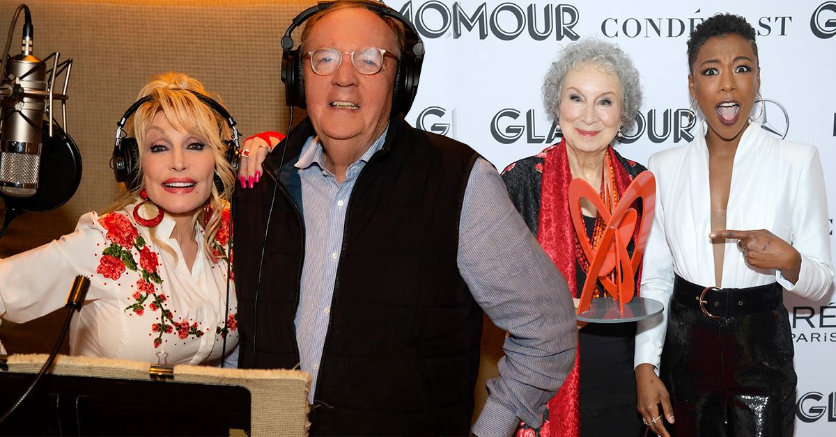 Dolly Parton stands with James Patterson in a recording studio, and Samira Wiley stands with Margaret Atwood at a red carpet event