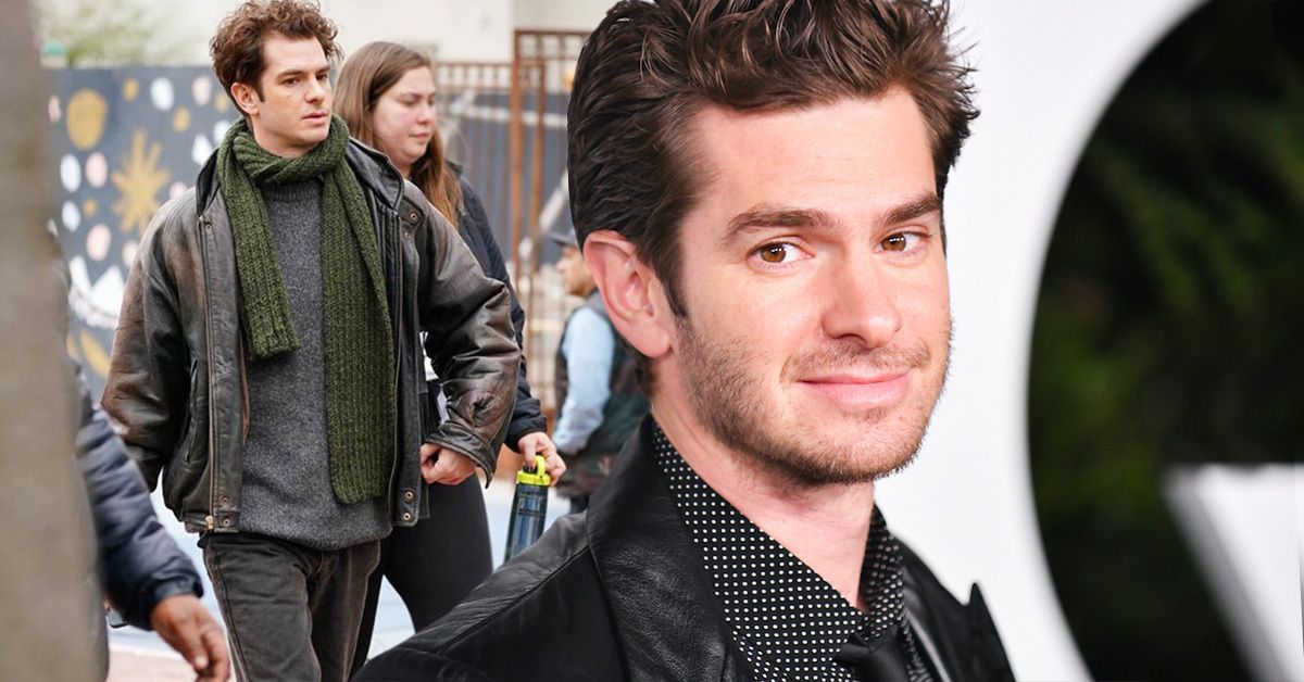 Andrew Garfield casually walking down the street in a green scarf (left), Andrew Garfield smiling in a black and white shirt and leather jacket (right) 