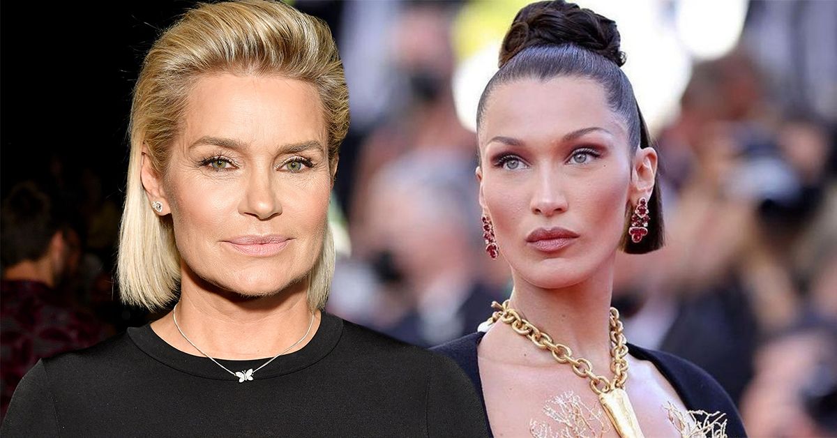 Yolanda Hadid in a black top wearing a butterfly necklace (left), Bella Hadid out in a public wearing a huge golden necklace and black top (right)