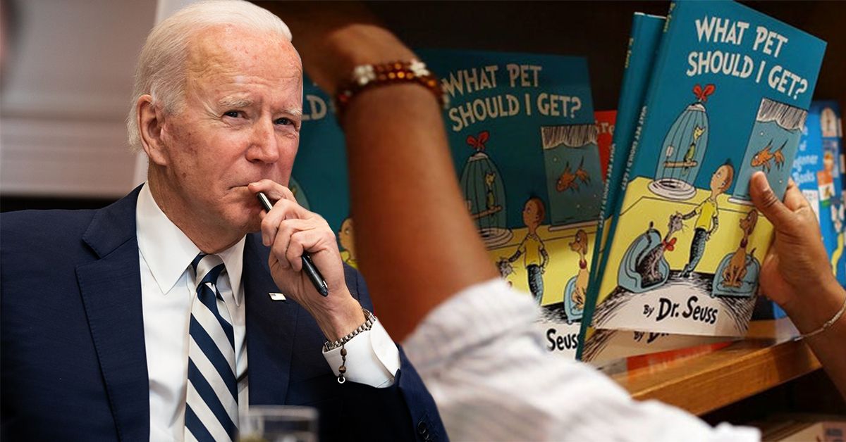 Joe Biden thin king while holding a pen close to his mouth (left), two hands re-arranging Dr. Seuss's book 'What Pet Should I Get' Reinstates Dr. Seuss In 'Read Across America' After Dropping Books In 2021