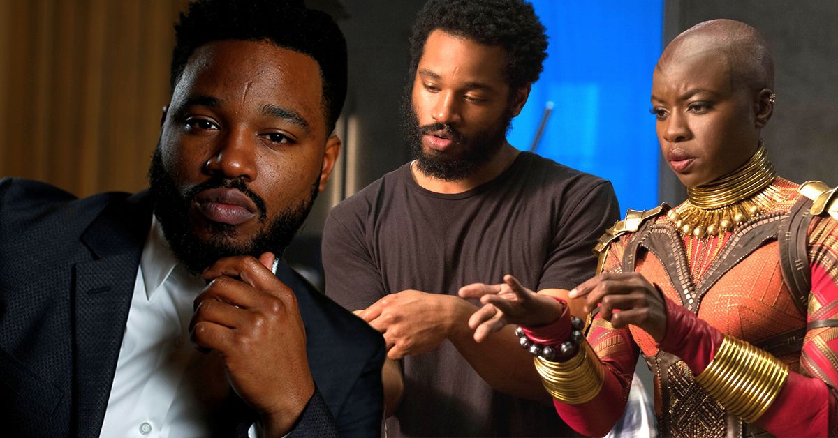 'Black Panther' Director Ryan Coogler in a white shirt and black suit (left), Ryan Googler standing next to Danai Gurira on the film set of Black Panther (right)