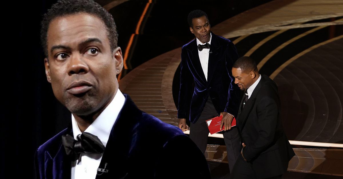 Chris Rock looking sideways in a dark purple tuxedo and black papillon (front), Will Smith leaves the Oscars stage after having slapped Chris Rock (right)