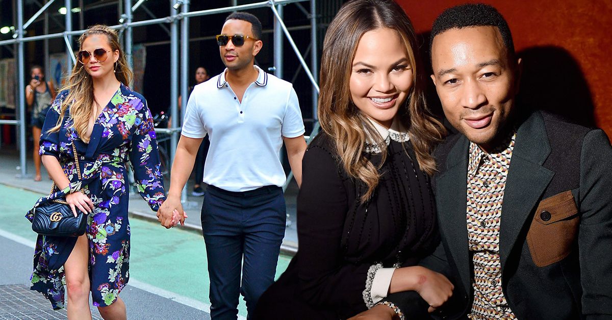 Chrissy Teigen holding John Legend's hand as they walk together (left), Chrissy Teigen holds John Legend, both are wearing dark outfits and smiling (right)