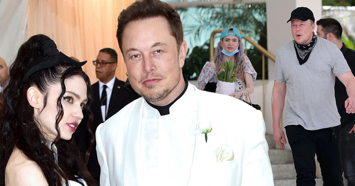 Two images of Elon Musk and his partner Grimes, one at a fancy event and one candid in public