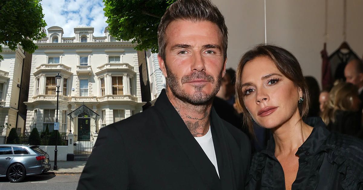 David Beckham in a navy sweater and green jacket standing next to Victoria Beckham in a striped white and red shirt and beige jacket (front), The Beckhams mansion with a car in front of the gate (back)